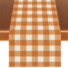 Rvsticty Linen Watercolor Orange White Buffalo Check Plaid Table Runner Gingham Tablecloth Farmhouse Spring Summer Fall Home Kitchen Table Decorations-13×90''