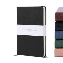 BEECHMORE BOOKS Graph Paper Notebook - Regular, Black | Premium Square Grid Math & Science Journal | 5.75" x 8.25" Hardcover Vegan Leather | Thick 120gsm Cream Graph Paper | Gift Box for Men & Women