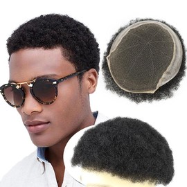 HAPPYCC Afro Men's Wig - Natural Black Color Swiss Lace With Pu Afro Kinky Human Hair Replacement For Hair Loss (8x10,1#)
