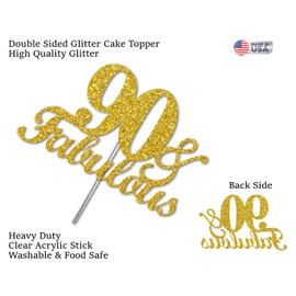 90 & Fabulous decoración para tartas con purpurina dorada, ideas de decoración para fiestas de cumpleaños 90, calidad premium, resistente purpurina de doble cara, palo de acrílico. Fabricado en Estados Unidos (90)