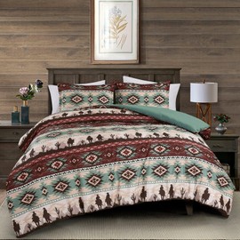 Chezmoi Collection Audun 3-Piece Southwestern Cowboys Aztec Comforter Set - Multicolor Teal Brown Beige Tan Red Printed Washed Microfiber Bedding, Oversized King Size
