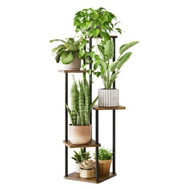 GENTINGBRO Tall Plant Stand Indoor 5 Tiered Plant Shelf for Multiple Plants Coner Shelf Stand Wood Plant Stand Metal Shelving for Living Room Bedroom Balcony Patio Brown Oak