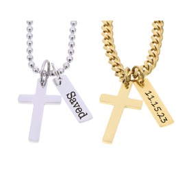 Men’s Cross Necklace - Personalize Name or Date, Chain Length - Engraved 1 x 1/4 Inch Gold Bar - Boys Confirmation Baptism Gift - DGR-1INBAR