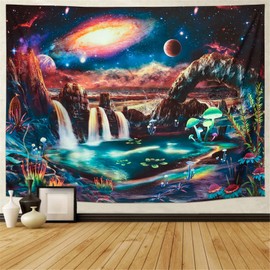 Lahasbja Blacklight Galaxy Planet Tapestry UV Reactive Waterfall Landscape Tapestry Mountain Wave Wall Tapestries Neon Nebula Plants Wall Hanging for Room