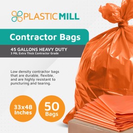 PlasticMill Contractor Bags Heavy Duty - Commercial, Industrial Garbage Bags - Orange Construction Trash Bags - Outdoor, Garden Trash Bags, 42-Gallon, 3 Mil, 33"x48" (50-Count)