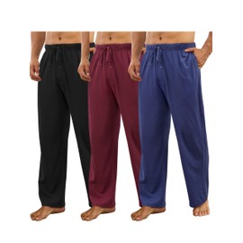 Wenouy 3 Pack Mens Cotton Pajama Pants Lounge Pj Bottoms for Men, Lightweight Sleep Pants with Pockets & Drawstring Dark Blue, Black and Burgundy