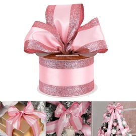 HUIHUANG Pink Wired Satin Ribbon with Glitter Stripe Edges 2.5 inch, Pink Christmas Ribbon for Tree, Bows Making, Wreath Supplies, Gift Wrapping Garland, Home Decor, Crafts -10 Yards