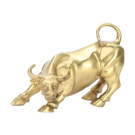 Brass Bull Figurine, Feng Shui Fortune Wall Street Bull Art Decor, Golden Copper Bull Stands for Happiness of Career and Wealth of