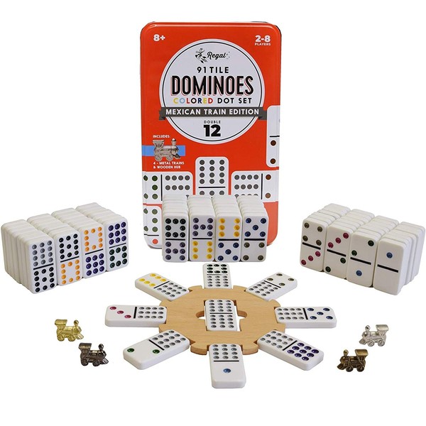 Regal Games Double 12 Colored Dot Dominoes Mexican Train Game Set with Wooden Hub, 91 Domino Tiles, 4 Metal Trains, and Collectors Tin