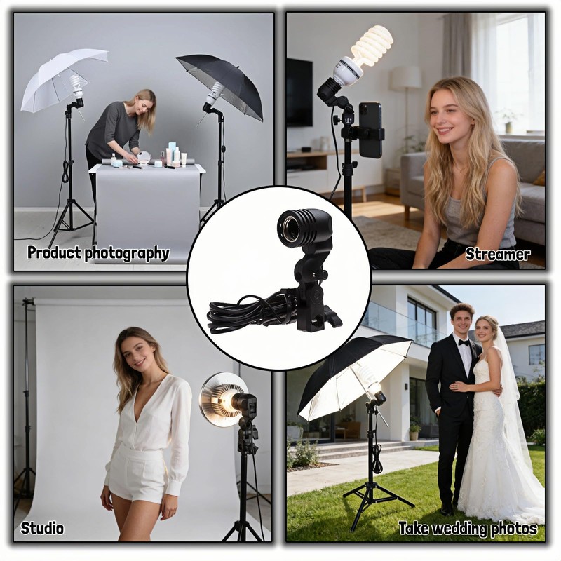 E27 Lamp Holder with Umbrella Bracket, 360° Adjustable Photography Light