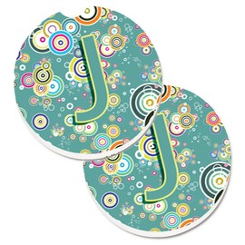 Caroline's Treasures Letter J Circle Teal Initial Alphabet Set of 2 Cup Holder Car Coasters CJ2015-JCARC, 2.56, Multicolor