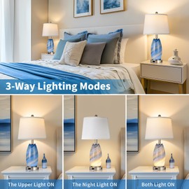 Blue Lamp for Bedroom & Bedside with 3-Way Lighting Modes & USB C+A - Modern Style Glass Nightstand Table Lamp for Living Room & Bedroom Decoration (23.5" H)