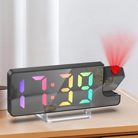 Maoskax Projection Alarm Clocks for Bedroom LED Digital Clock Colorful Digit 180° Rotatable Projector Snooze Date Temperature 12/24H 3-Level Brightness for Home Office (Adapter Not Included)