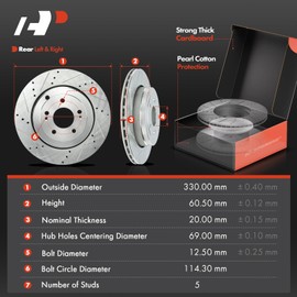 A-Premium 12.99 inch (330mm) Rear Drilled and Slotted Disc Brake Rotors + Ceramic Pads Kit Compatible with Select Hyundai Models - Genesis Coupe 2010-2016, 6-PC Set
