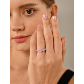 YL Women's Sterling Silver Clear Created Pink Tourmaline 3-stone Princess Cut Wedding Rings for Engagement Jewelry-size6