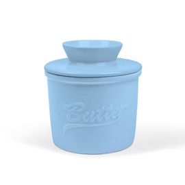 fanquare Porcelain Butter Jar with Lid, French Ceramic Butter Crock with Water Line, Sealed Butter Dish for Kitchen Countertop Fridge, Blue Alphabet