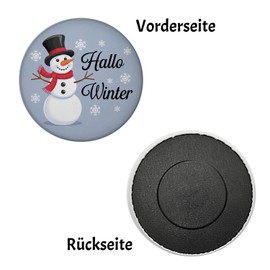 Merry Snowman - Hello Winter Magnet Round Light Blue Background Black Top Hat Red Scarf Carrot Nose