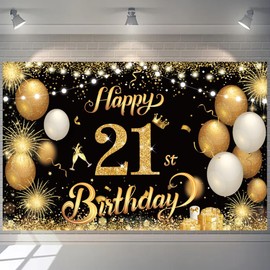 Yontree Happy 21st Birthday Banner - Gold 1.1 x 1.8m Backdrop for Boys & Girls, 21 Years Old Anniversary Party Supplies (Black & Gold)