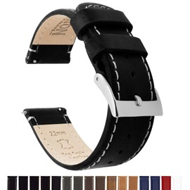 BARTON WATCH BANDS Quick Release Top Grain Leather Watch Band Strap, Black Leather/Linen White Stitching, 22mm