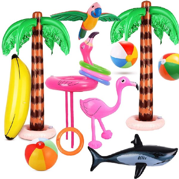 Evance 14 Pack Inflatable Palm Trees Inflatable Flamingo Hat Pool Toys Inflatable Banana Beach Balls Shark Flying Parrot for Hawaii Party Luau Party Decor Beach Backdrop (14 PCS)