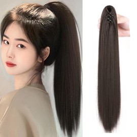HAPVITAL Women's Ponytail Wig, Natural, Clip-On, Long, Straight Hair Extensions, Point Wig, Popular, Wedding, Shichi-Go-San Coming of Age Ceremony, Graduation Ceremony, Kimono, Yukata (Tanish Black)