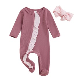 Aiwpstoin Newborn Baby Girl Clothes Waffle Footie Romper Long Sleeve Ruffle Zipper Jumpsuit Headband Coming Home Outfit (Rose Pink, 6-12 Months)