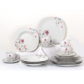 Unknown1 20 Pc. Square Dinnerware Set Service for 4-Small Floral Design White Casual Porcelain Piece Dishwasher Safe Microwave