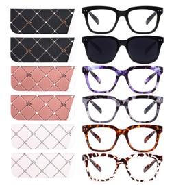 CHOFILORD 6 Pack Fashion Reading Glasses for Women Men Blue Light Blocking Oversized Square Readers with Spring Hinge (2 Black & 4 Colorful, 0.0)