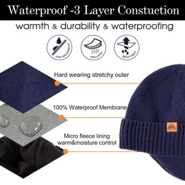 TOP-EX XL/XXL Mens Womes Merino Wool Waterproof Beanie with Ear Flap Warm Winter Fleece Lined Beanie Outdoor Skiing Hat Navy Blue M/L
