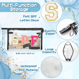 AsodSway Preppy SPF Cosmetic Bag - SPF Chenille Varsity Letter Clear Toiletry Bag Summer Aesthetic Waterproof Portable Makeup Bag Transparent PVC Zipper Clutch Purse Beach Bag for Women Girls (Black)