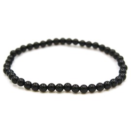 Taddart Minerals Black Tourmaline Schorl Natural Gemstone Bracelet with 4 mm Balls on Elastic Nylon Thread - Handmade, Rubber, Tourmaline