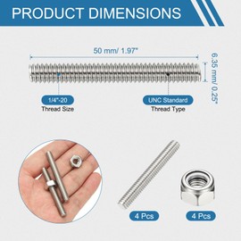 PATIKIL 1/4"-20 UNC Fully Threaded Rod, 1.97" Length 304 Stainless Steel Right Hand Long Thread Bar Studs with Nuts for Pipes Clamps Hangers U-Bolts 4Pcs