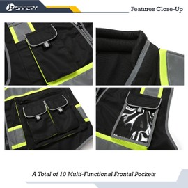 JKSafety 10 Pockets Hi-Vis Zipper Front Black Safety Vest | Cushioned Collar | High Reflective Tapes with Extended Neon Yellow Strips | Meets ANSI/ISEA Standards (4X-Large, 89-Black)