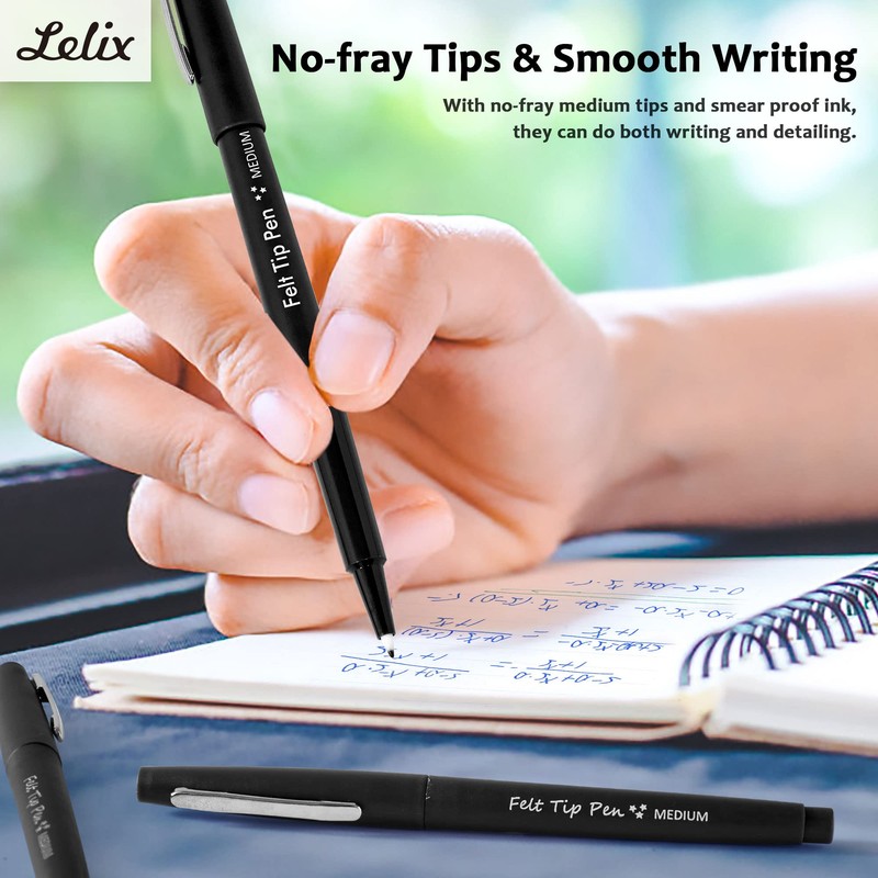 Lelix Felt Tip Pens, 40 Black Pack, 0.7mm Medium Point,
