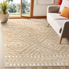 Wonnitar Moroccan Washable Area Rug 4x6, Non-Slip Rugs for Living Room, Boho Bedroom Throw Mat, Geometric Low Pile Floor Carpet for Home Office Mudroom Kitchen (Kakhi,4'x6')
