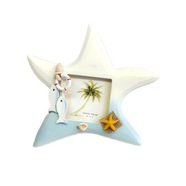 Zovylks Mediterranean Photo Frame for 3x3 Inch Photo Display, Nautical Wooden Picture Frame Holder for Coastal Beach Themed Home Coffee Shop Decoration (White Starfish)