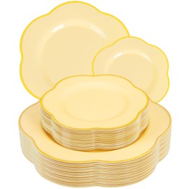 Liacere 50PCS Yellow Plastic Plates - Heavy Duty Disposable -Yellow and Gold Include 25PCS 7inch and 25PCS 10inch Plates for Easter & Baby Shower