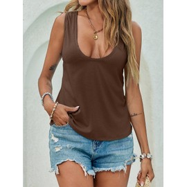 Tankaneo Womens Scoop Neck Tank Tops Summer Casual Sleeveless Loose Fit T Shirts Beach Vacation Workout Basic Tees Coffee