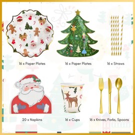 Christmas Disposable Dinnerware Set – Serves 16 – Holiday Party Supplies with Paper Plates, Cups, Napkins, Straws, Gold Cutlery for Christmas, Winter, and Holiday Celebrations