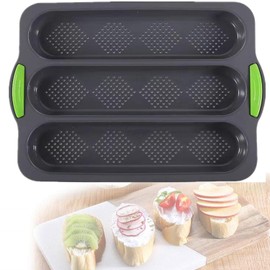 TUHNHGD Bun Baking Mould Bread Baking Moulds Baguette Tray Baking Baguette Bread Bread Long Bread Hot Dog with Three Slots for Home Baking (Green)