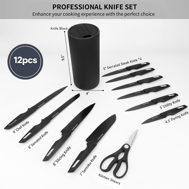Knife Set,12-Piece Premium Kitchen Knife Set with Universal Knives Block,Anti-Rust