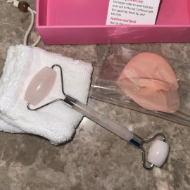 SilverDel Rose Quartz Face Roller, Silicone Face Brush and Pouch  New