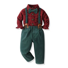 QURYPOMO Boys Christmas Suit Toddler Gentleman Outfits Long Sleeve Bow Tie Shirts Suspenders Pants Xmas Clothes for Kids Red 2-3 Years