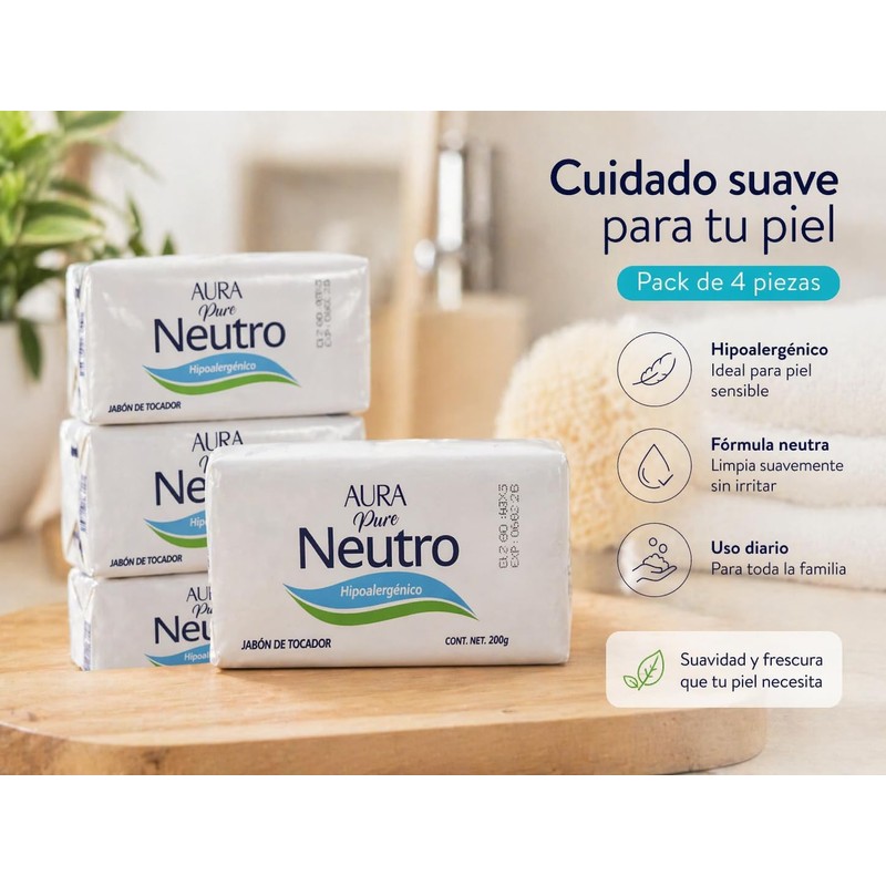 Jabón Neutro de Tocador Pack de 4 Piezas 200g c/u,