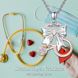 MISTBEE Stethoscope Necklace Sterling Silver Bow Stethoscope Pendant Stethoscope Jewelry for Women Nurse Graduation Gift, 18+2 inch, Sterling Silver, No Gemstone