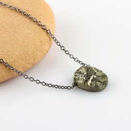 Raw Pyrite Druzy Stone Pendant Necklace, Crystal Pendant 10-20 mm, Necklace for Women, Raw Crystal Jewelry, 16 + 2 Inches Adjustable Black Plated Chain, Valentine Day Gift (Oval)