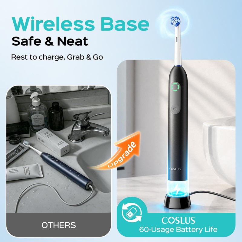 COSLUS C60 Rechargeable Rotating Electric Toothbrush for Adults, Black