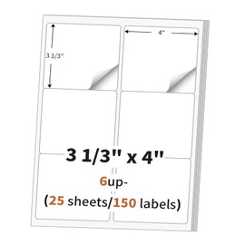 3 1/3" x 4" (25 Sheets) Address Labels, Labels Sticker Paper for Laser/Ink Jet Printer, Printable and Writable White Sticker Labels- Matte, 6 per Page Labels (Total 150 Labels)