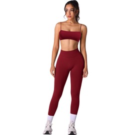 OMEWEE Workout sets for women 2 piece:Spaghetti Straps BacklessTop Bra and High Rise leggings for yoga Wine red XS