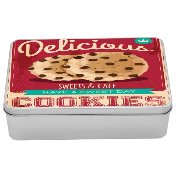 Ambesonne Cookie Tin Box, Chocolate Chip Advertisement Doughy Have a Day Lettering Delicious Vintage, Portable Rectangle Metal Organizer Storage Box with Lid, 7.2" X 4.7" X 2.2", Ruby Beige